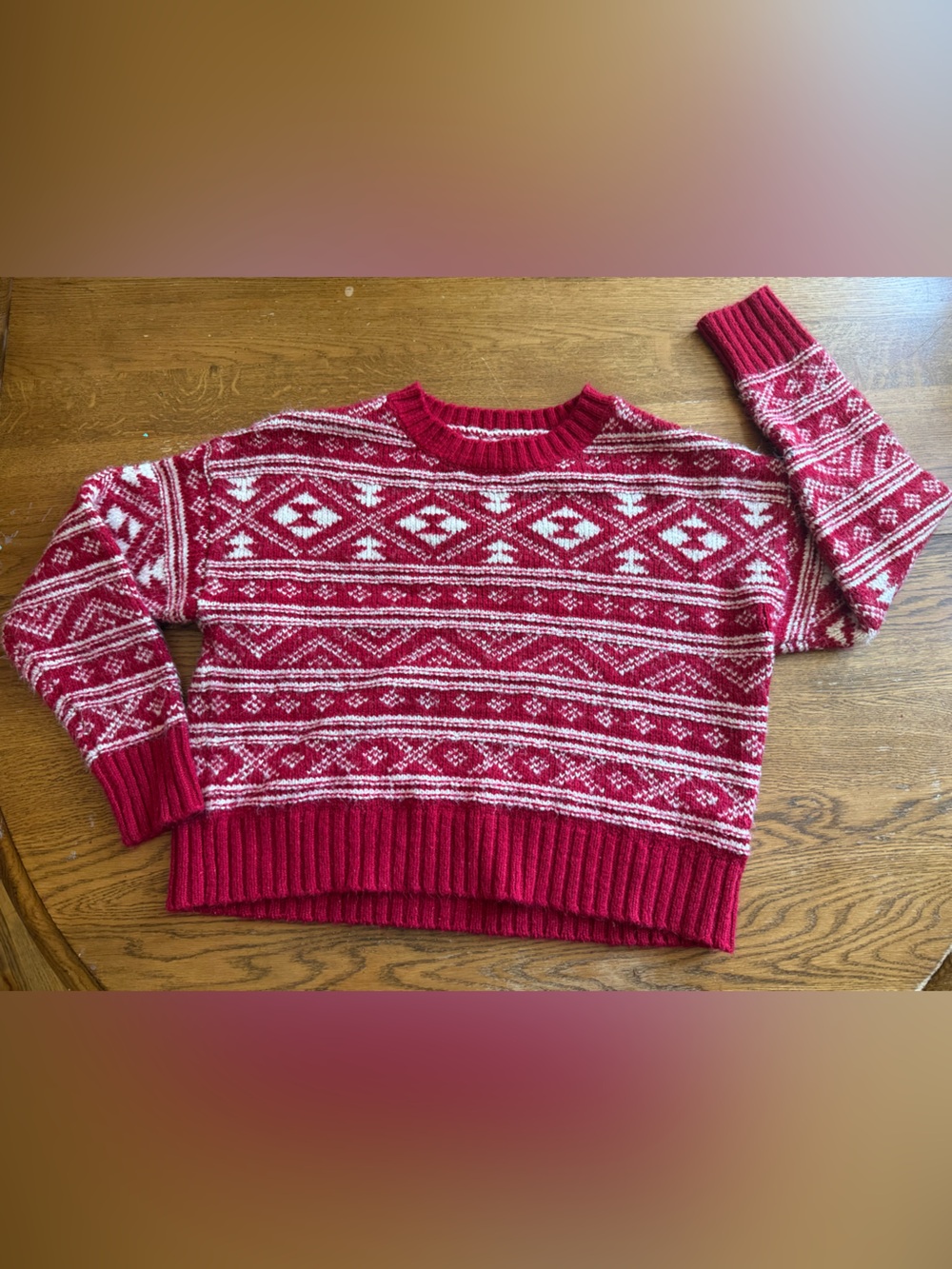 American Eagle Outfitters Red and White Fair Isle Crewneck Sweater